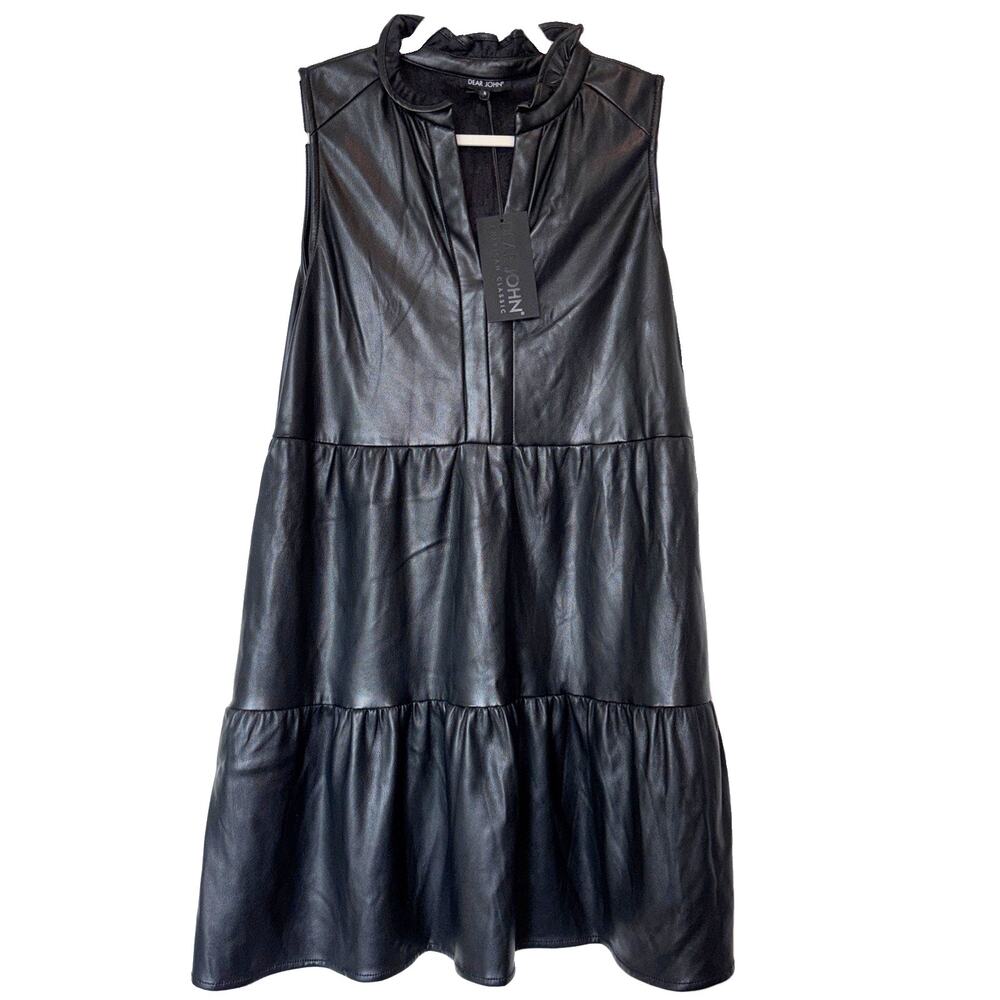 Dear John Faux Leather Tiered Claire Dress Black Sleeveless Ruffle Neck S NEW